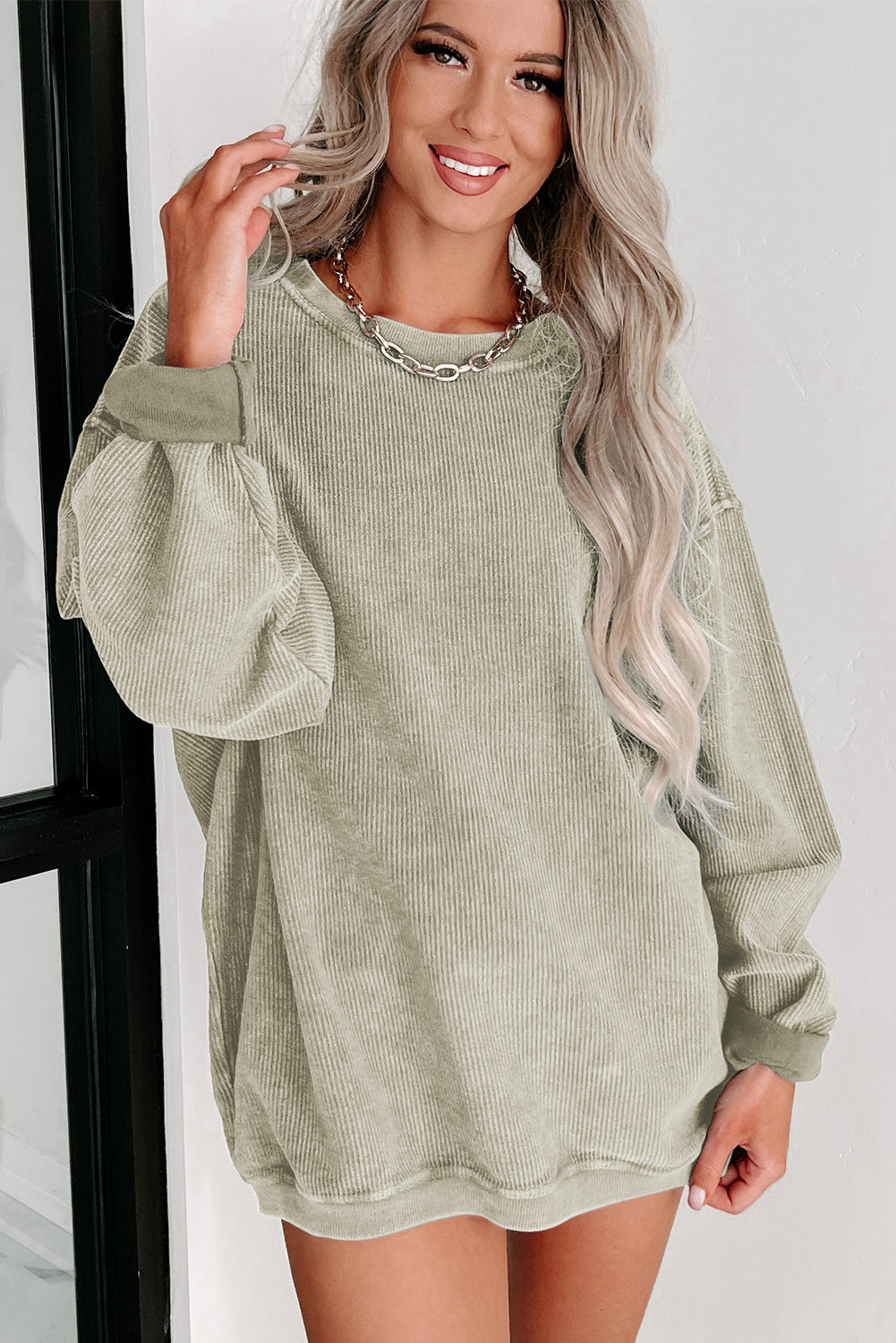 Ribbed Round Neck Pullover Sweatshirt