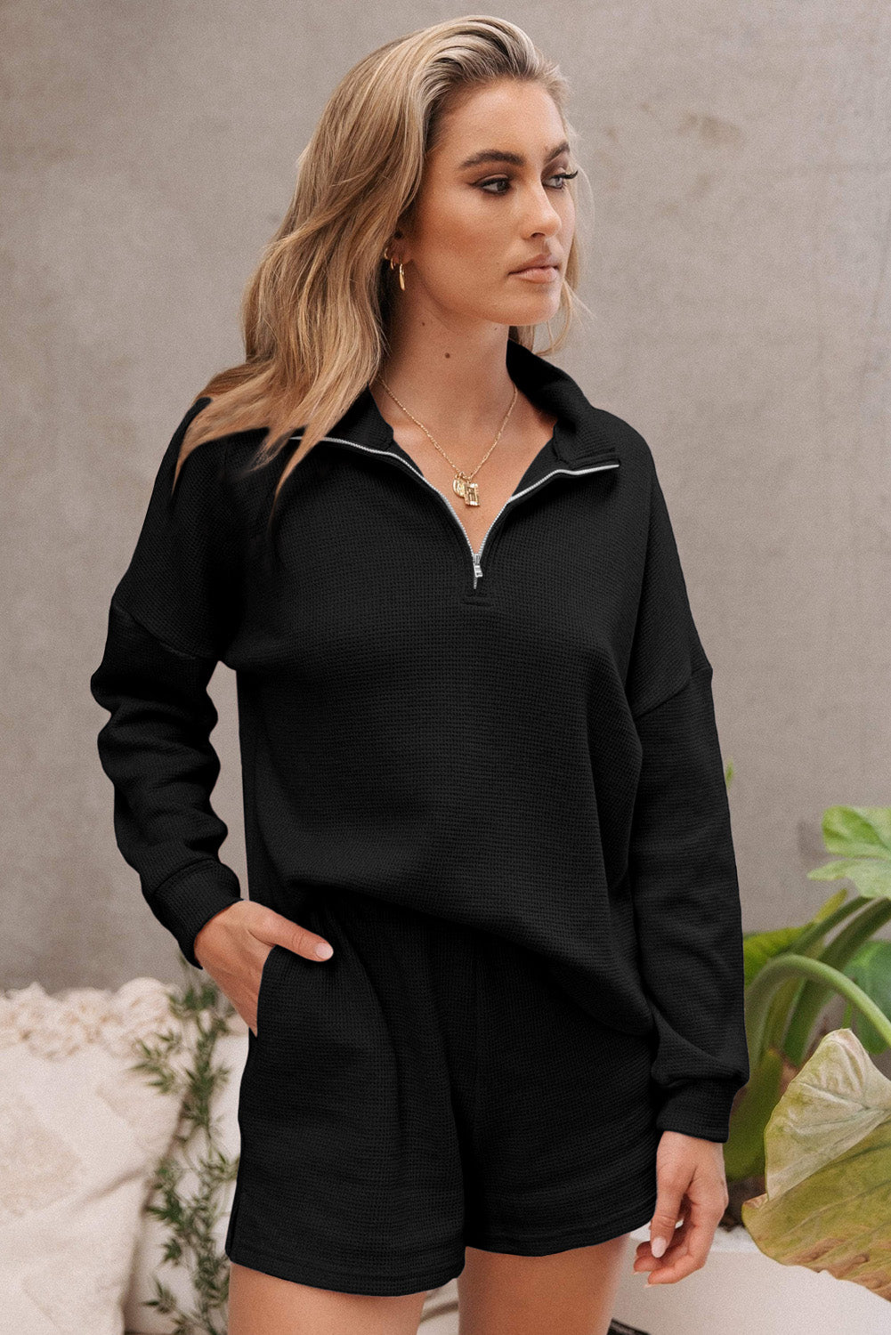 Ribbed Sweatshirt & High Waist Shorts Set