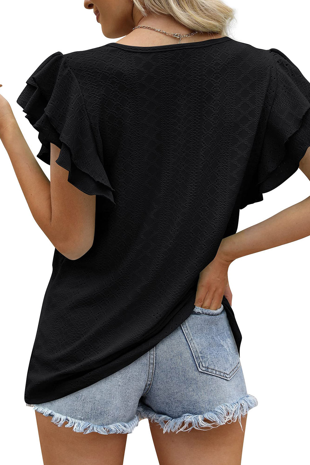 Eyelet Textured Ruffle Short Sleeve Blouse