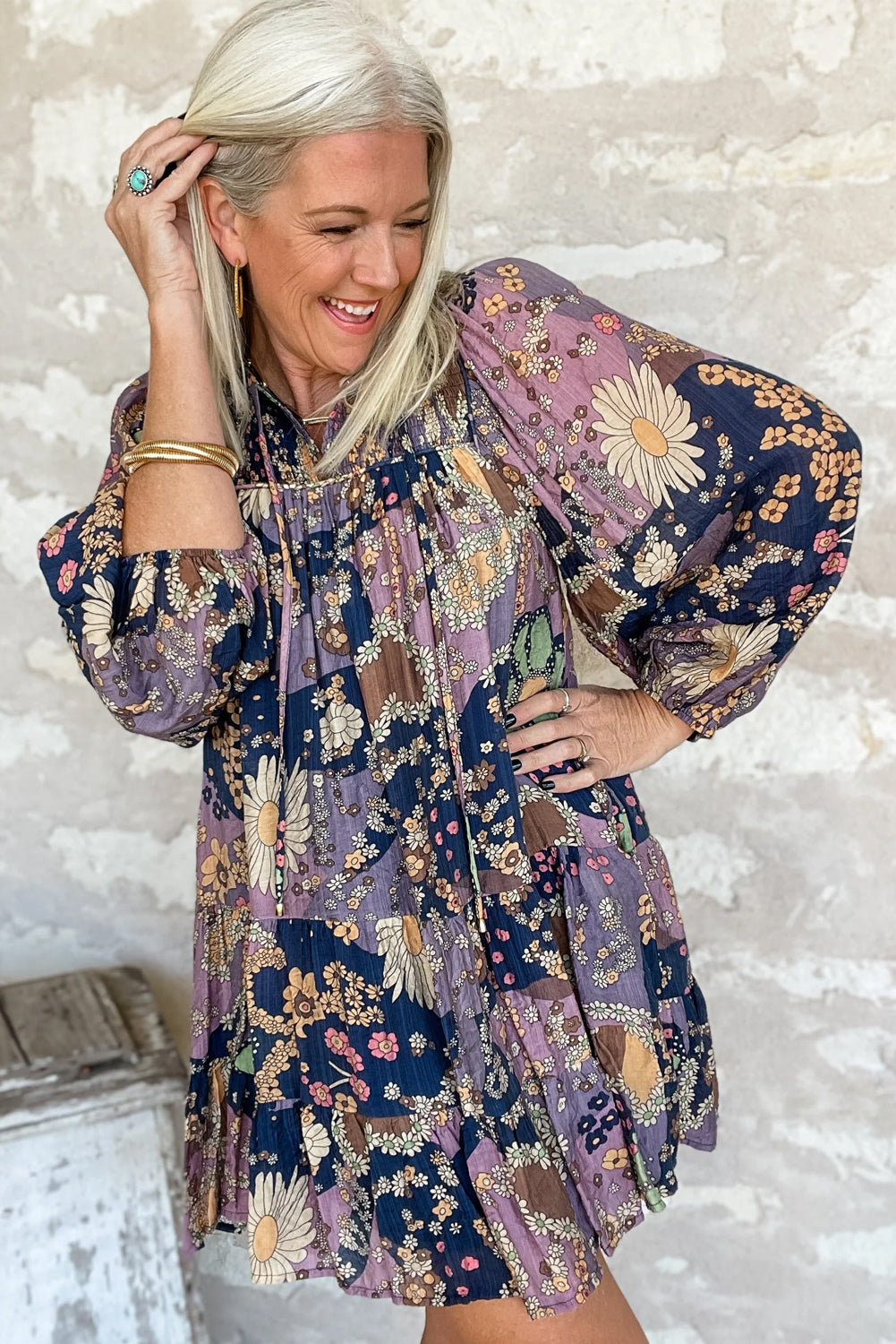 Purple Boho Floral Print Puff Sleeve Dress