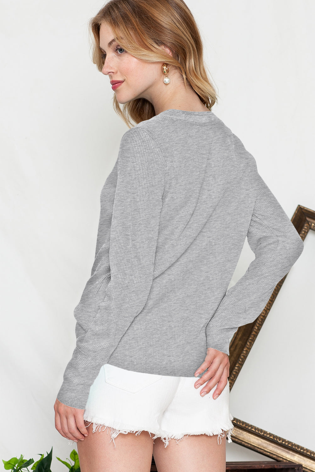 Waffle Knit Long Sleeve Henley Shirt