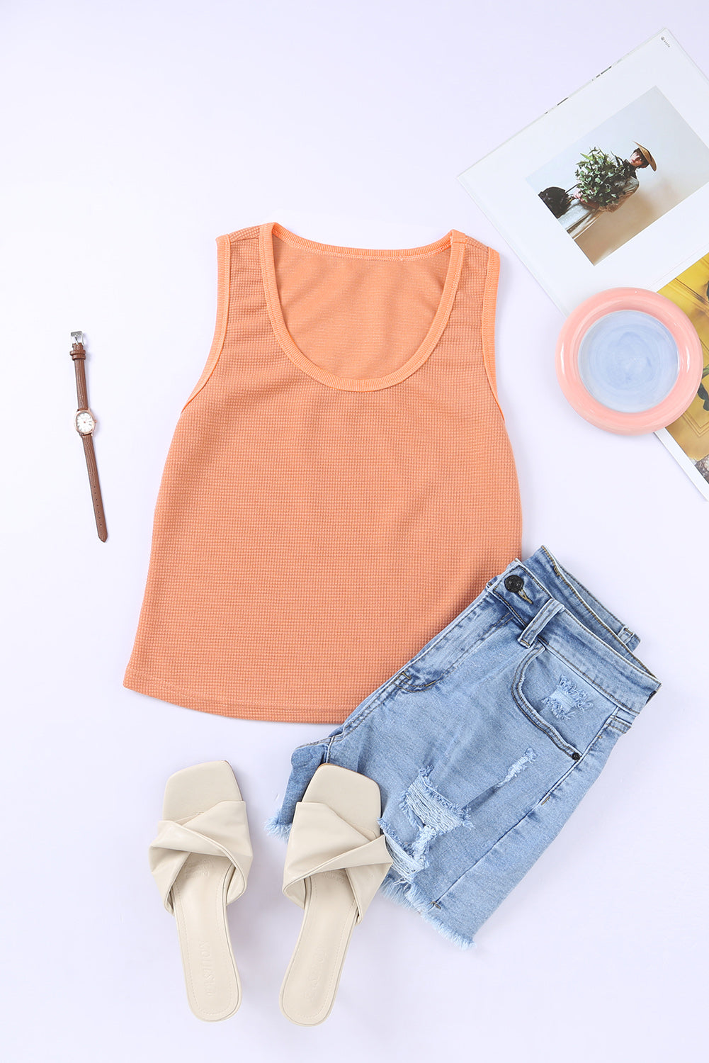 Plain Basic Waffle Knit U Neck Tank Top