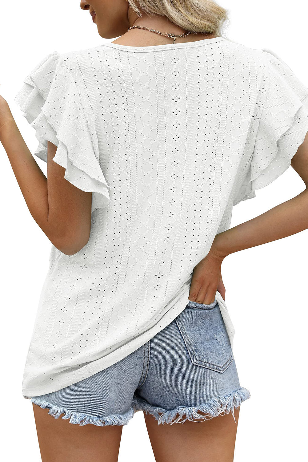 Eyelet Textured Ruffle Short Sleeve Blouse