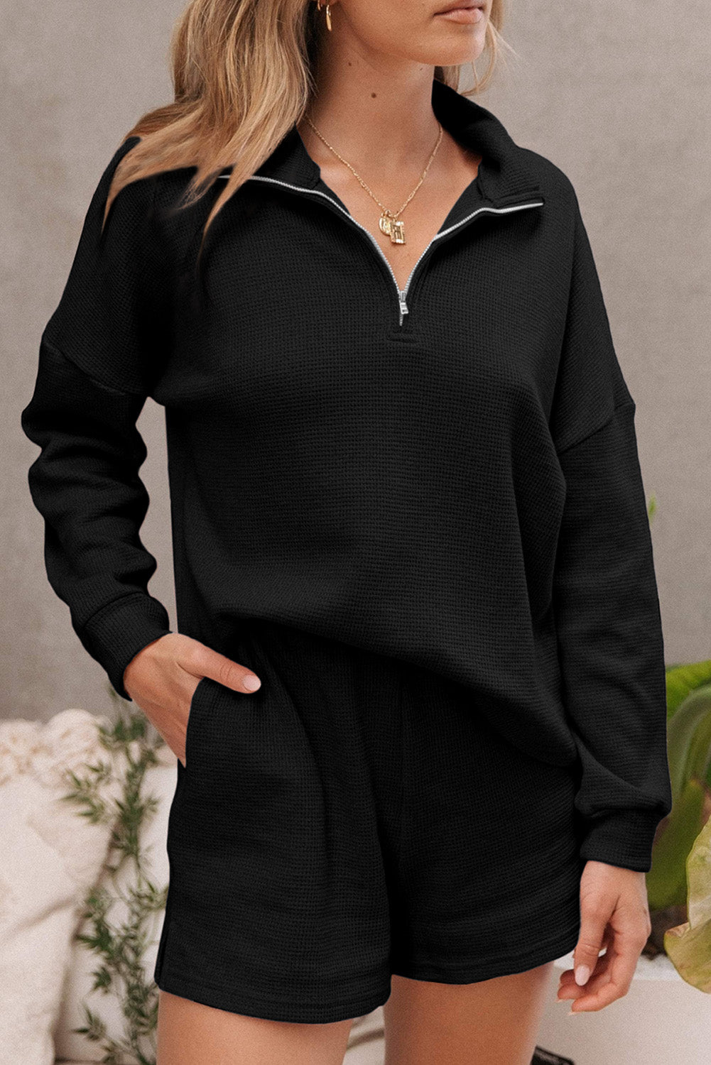 Ribbed Sweatshirt & High Waist Shorts Set