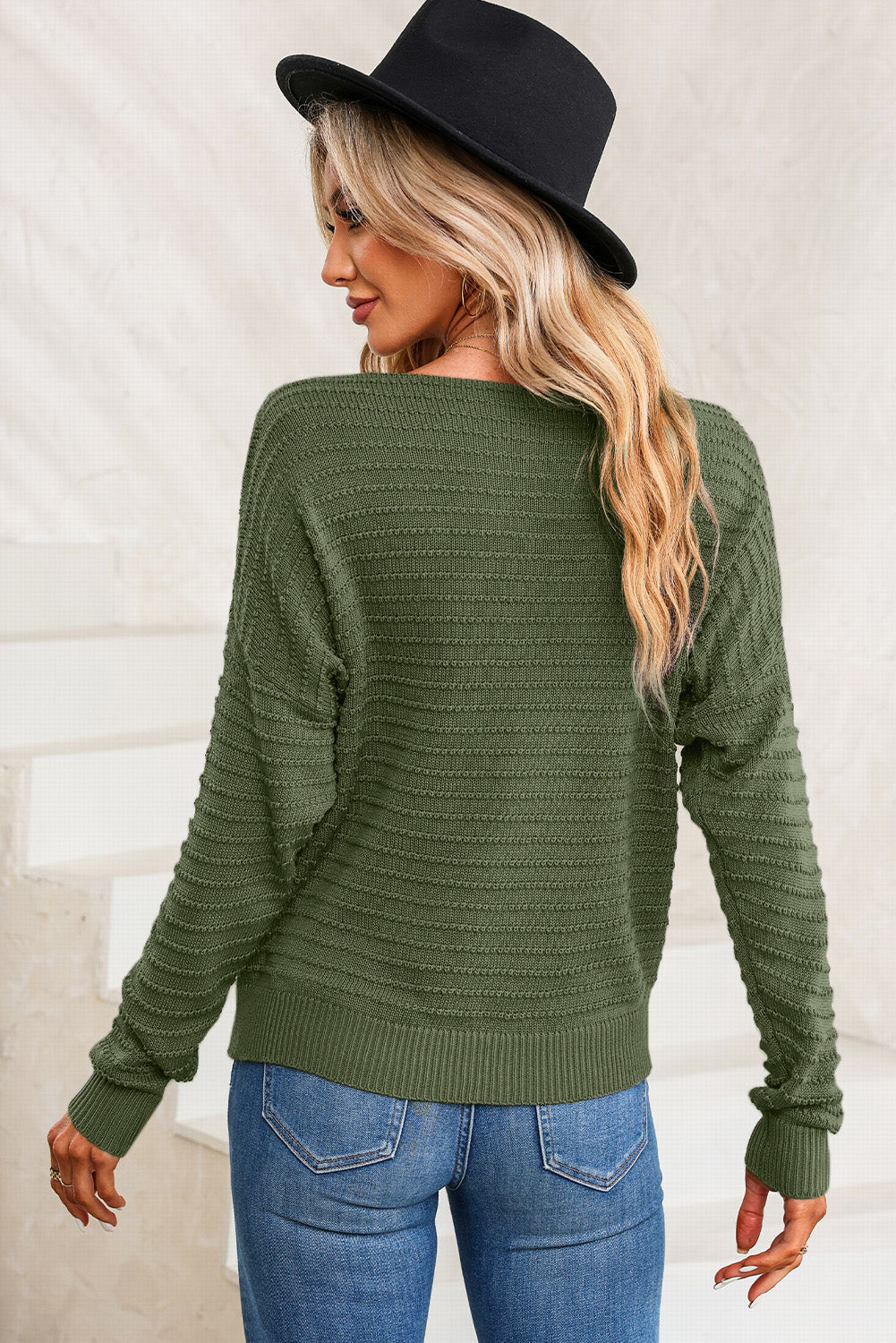 Textured Knit Round Neck Dolman Sleeve Sweater