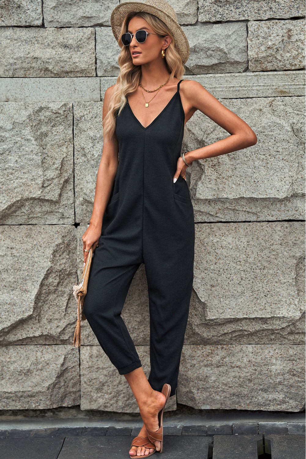 Blue Casual Textured Sleeveless V-Neck Pocketed Jumpsuit