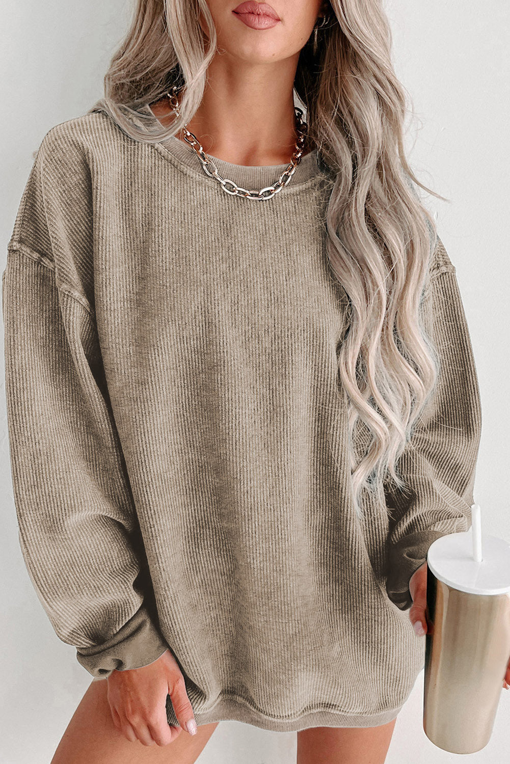 Ribbed Round Neck Pullover Sweatshirt