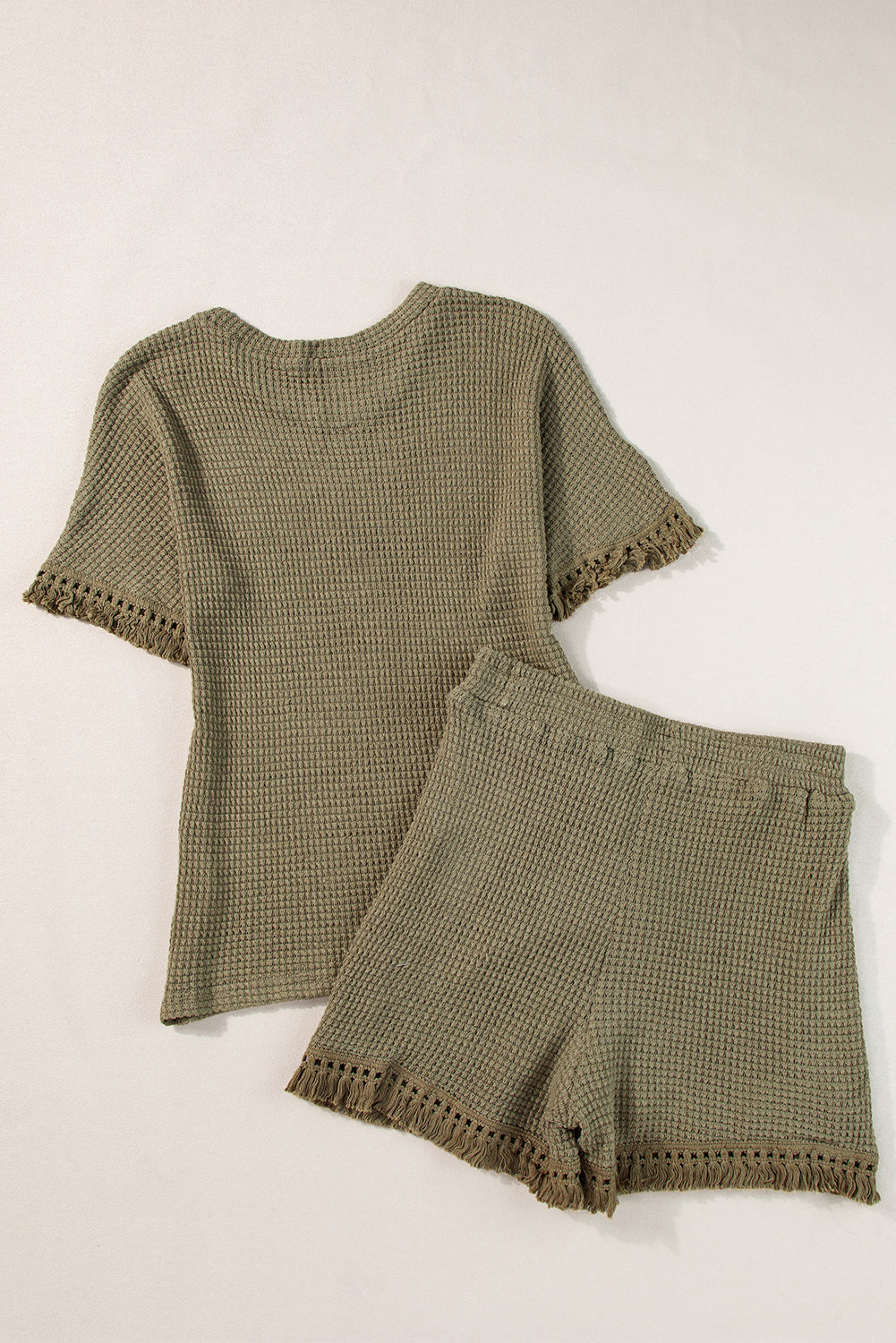 Fringe Trim Waffle Knit Textured Shorts Set