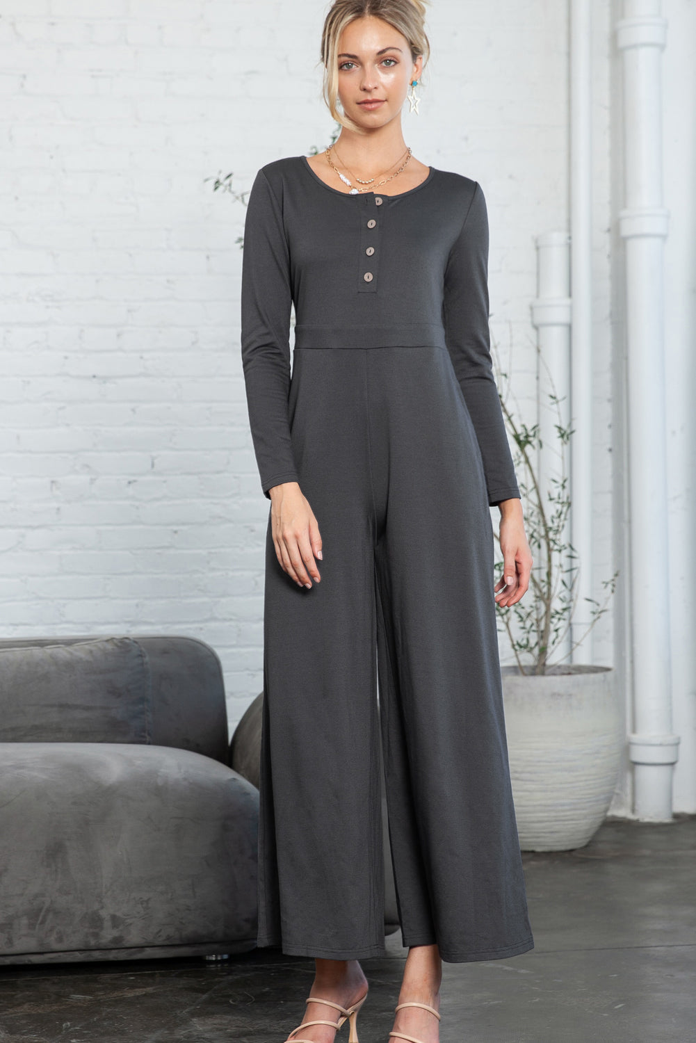 Long Sleeve Wide Leg Jumpsuit with Pockets