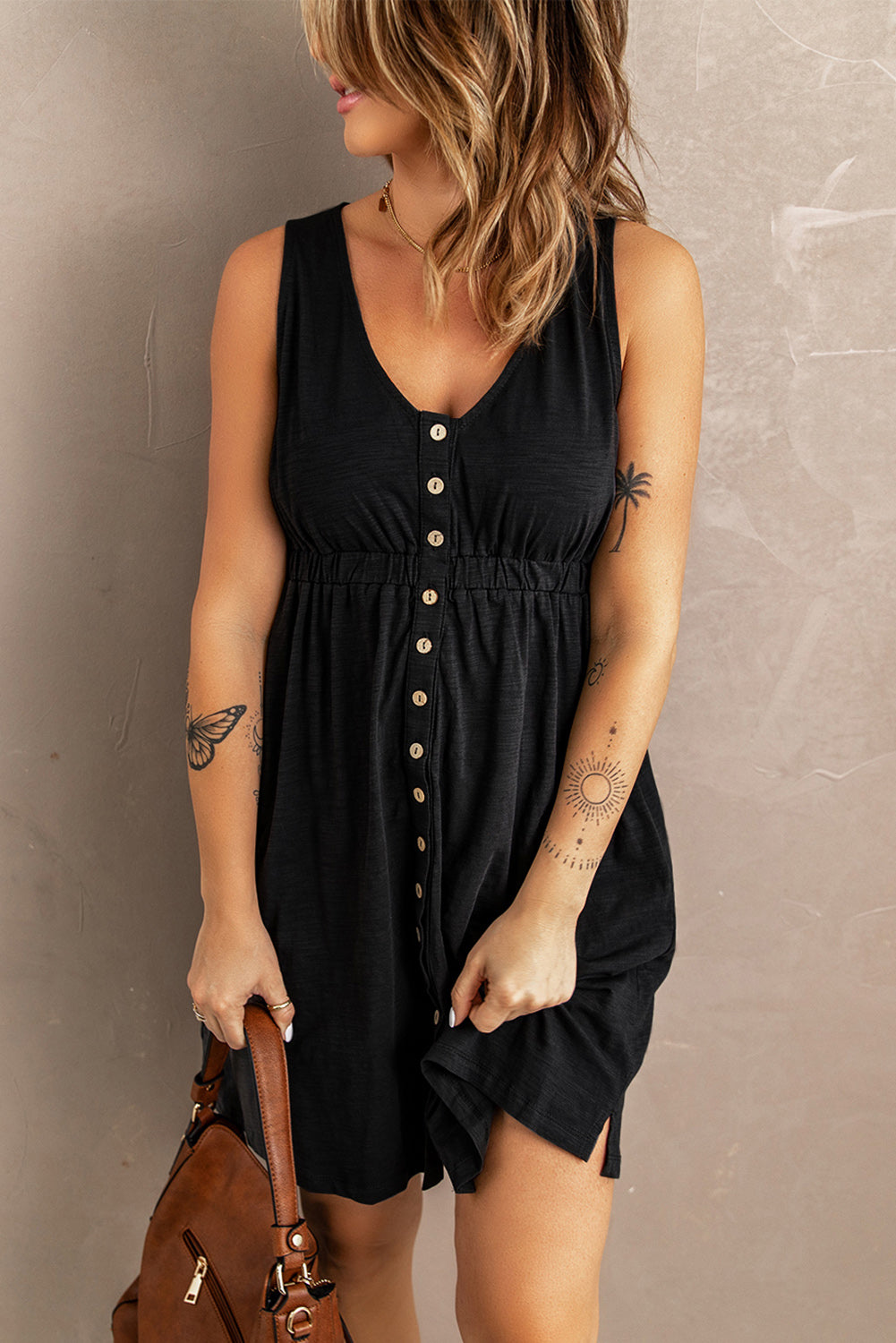 Sleeveless Button Front Short Basics Dress