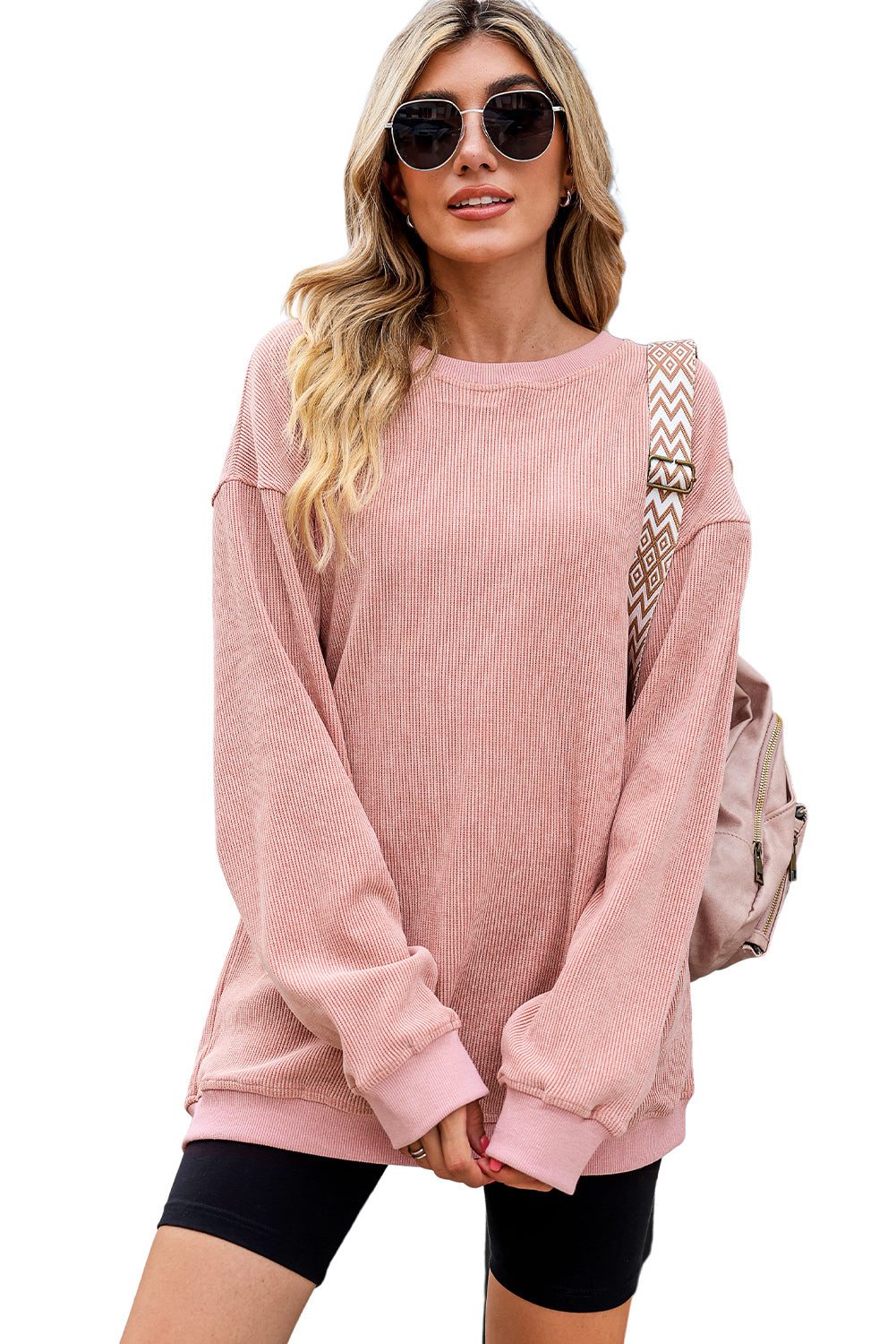 Ribbed Round Neck Pullover Sweatshirt
