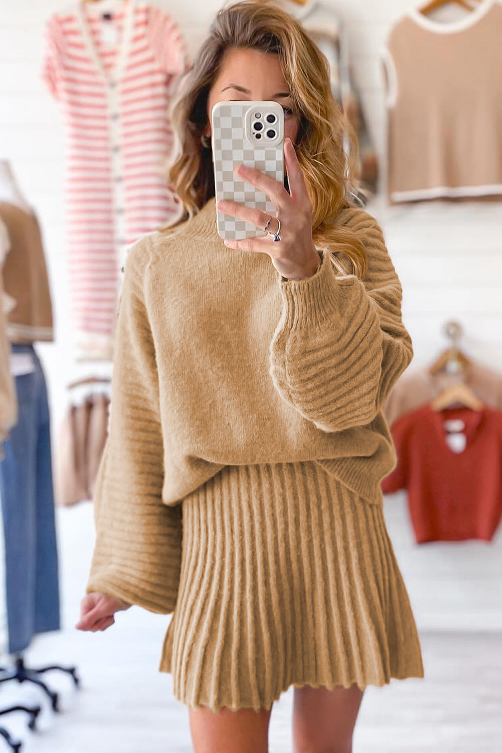 Lantern Sleeve Sweater Pleated Knitted Mini Skirt Set