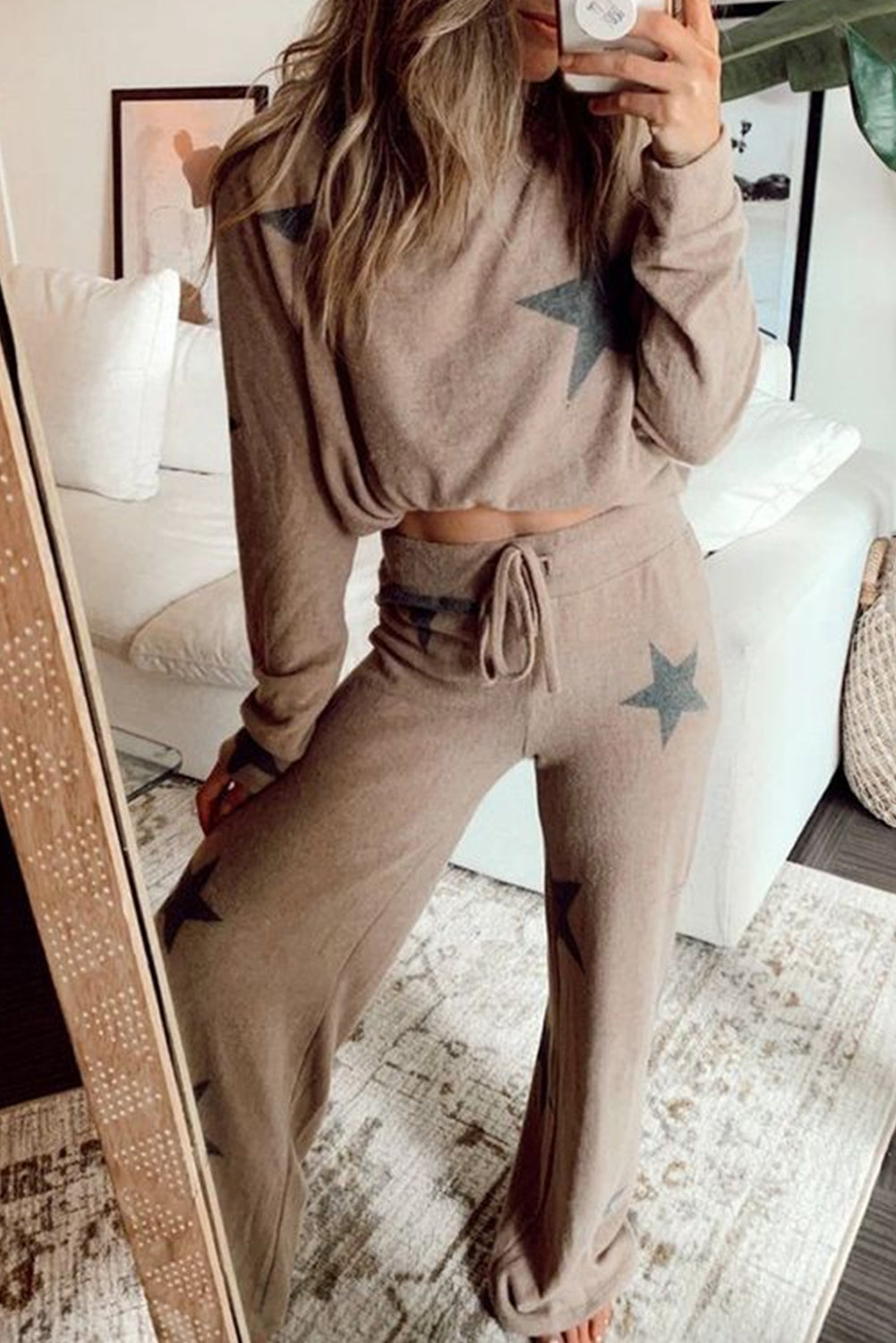 Retro Star Print Long Sleeve Pullover Drawstring Wide Leg Pajama Set