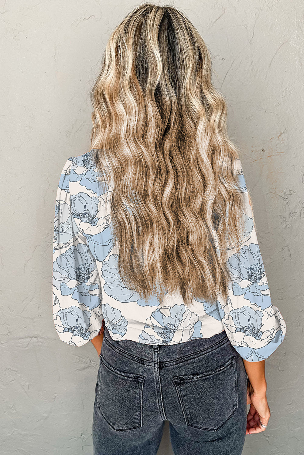 Sky Blue Floral Print Long Sleeve Blouse