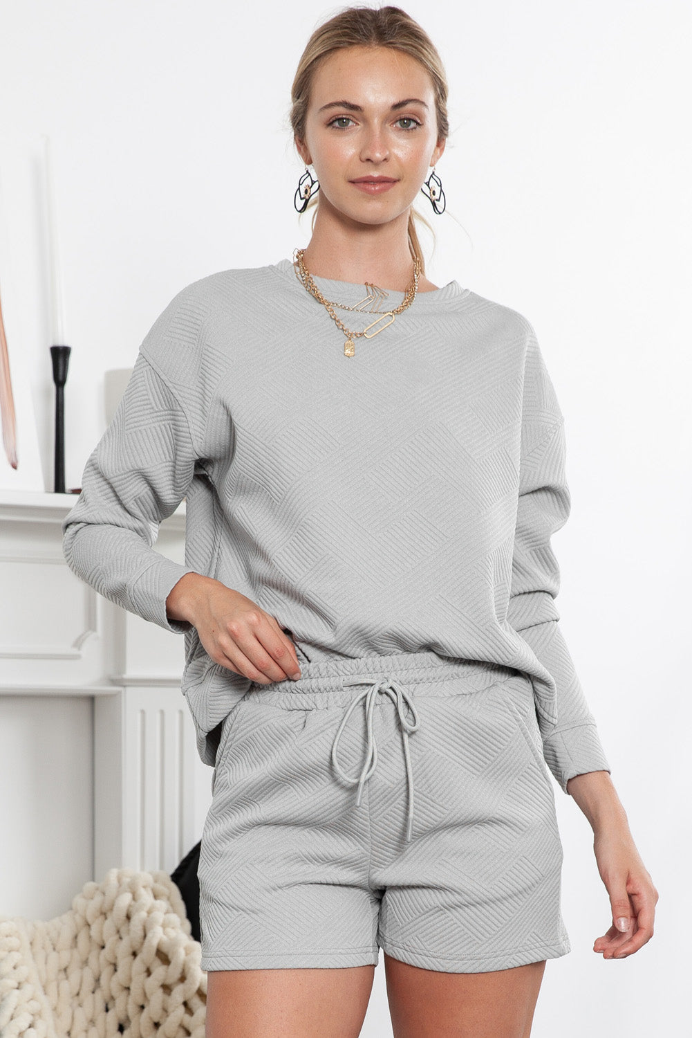 Textured Long Sleeve Top & Drawstring Shorts Set