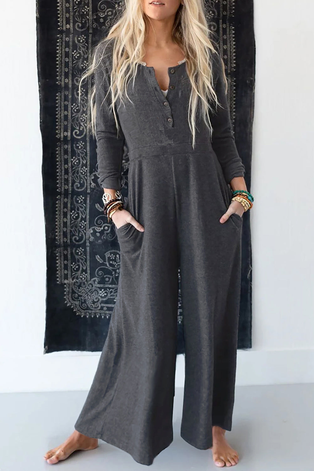 Long Sleeve Wide Leg Jumpsuit with Pockets