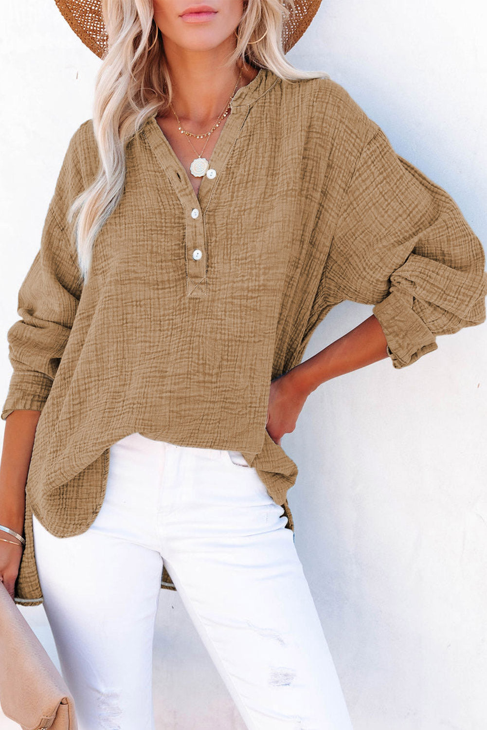 Crinkle V Neck Henley Top