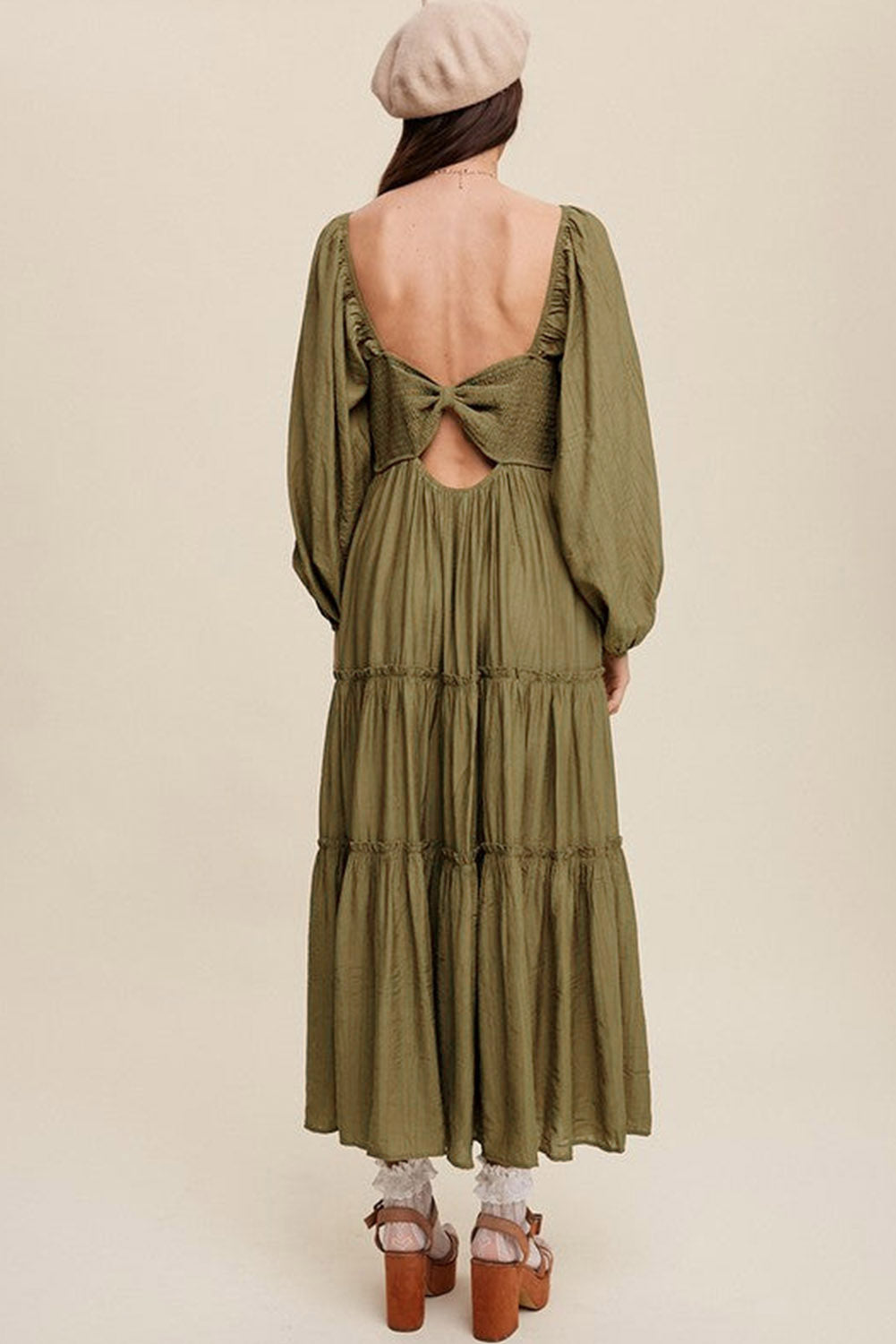 V Neck Bowknot Cutout Frill Tiered Maxi Dress