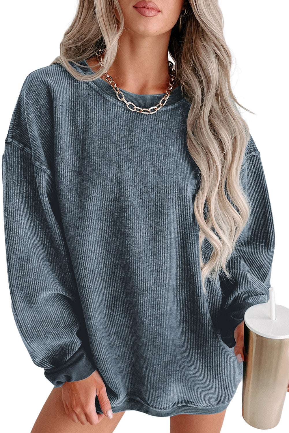 Ribbed Round Neck Pullover Sweatshirt