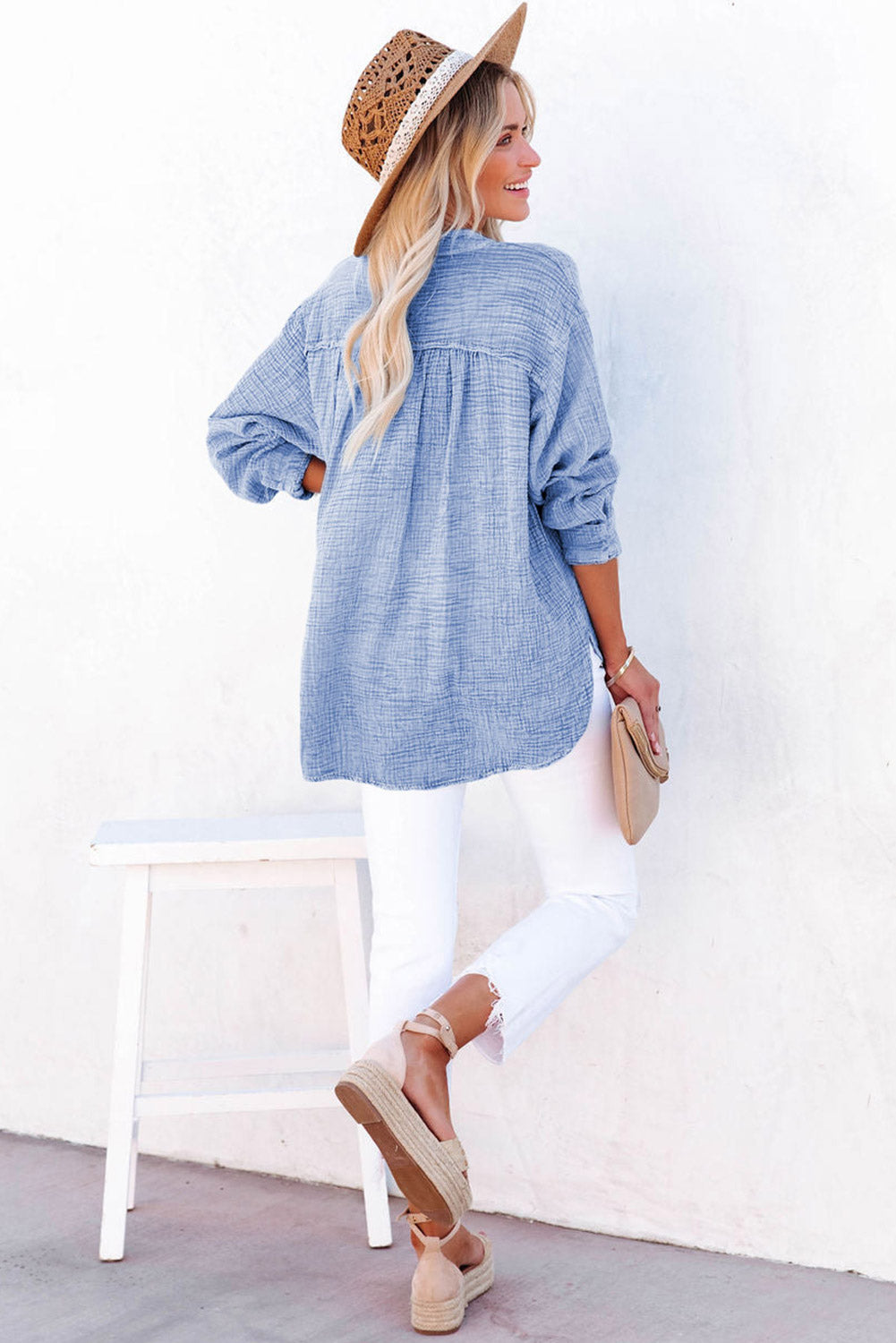 Crinkle V Neck Henley Top