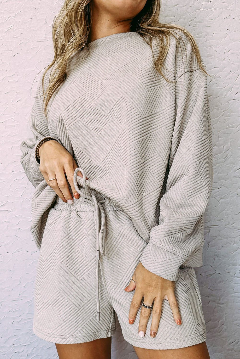 Textured Long Sleeve Top & Drawstring Shorts Set