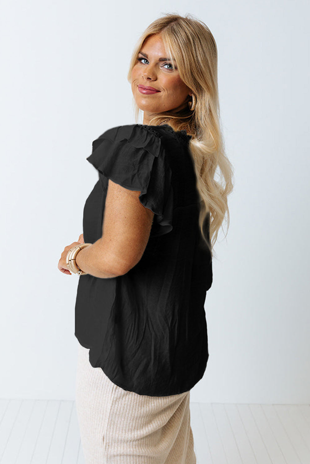 Plain Ruffle Sleeve Boho Top
