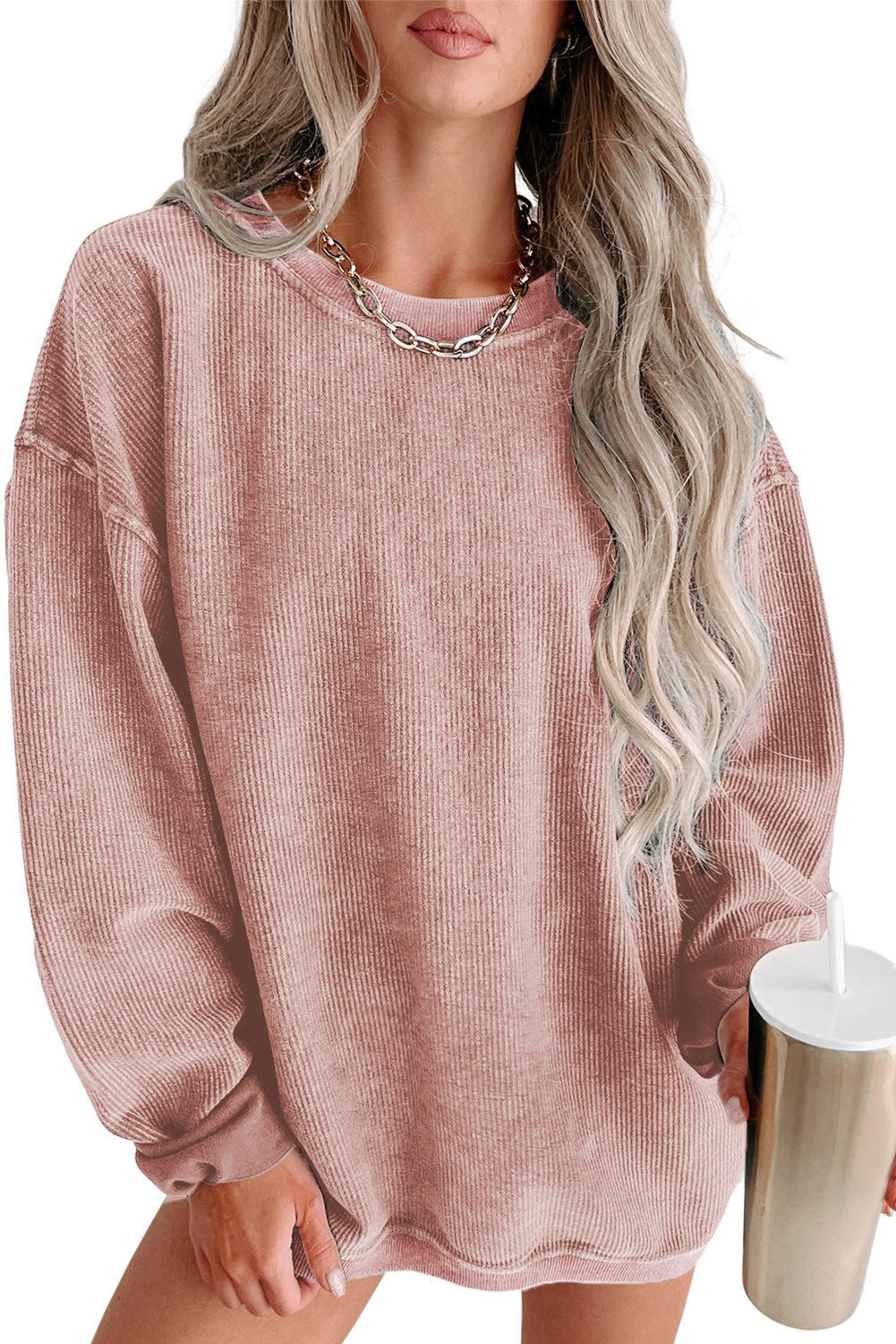 Ribbed Round Neck Pullover Sweatshirt