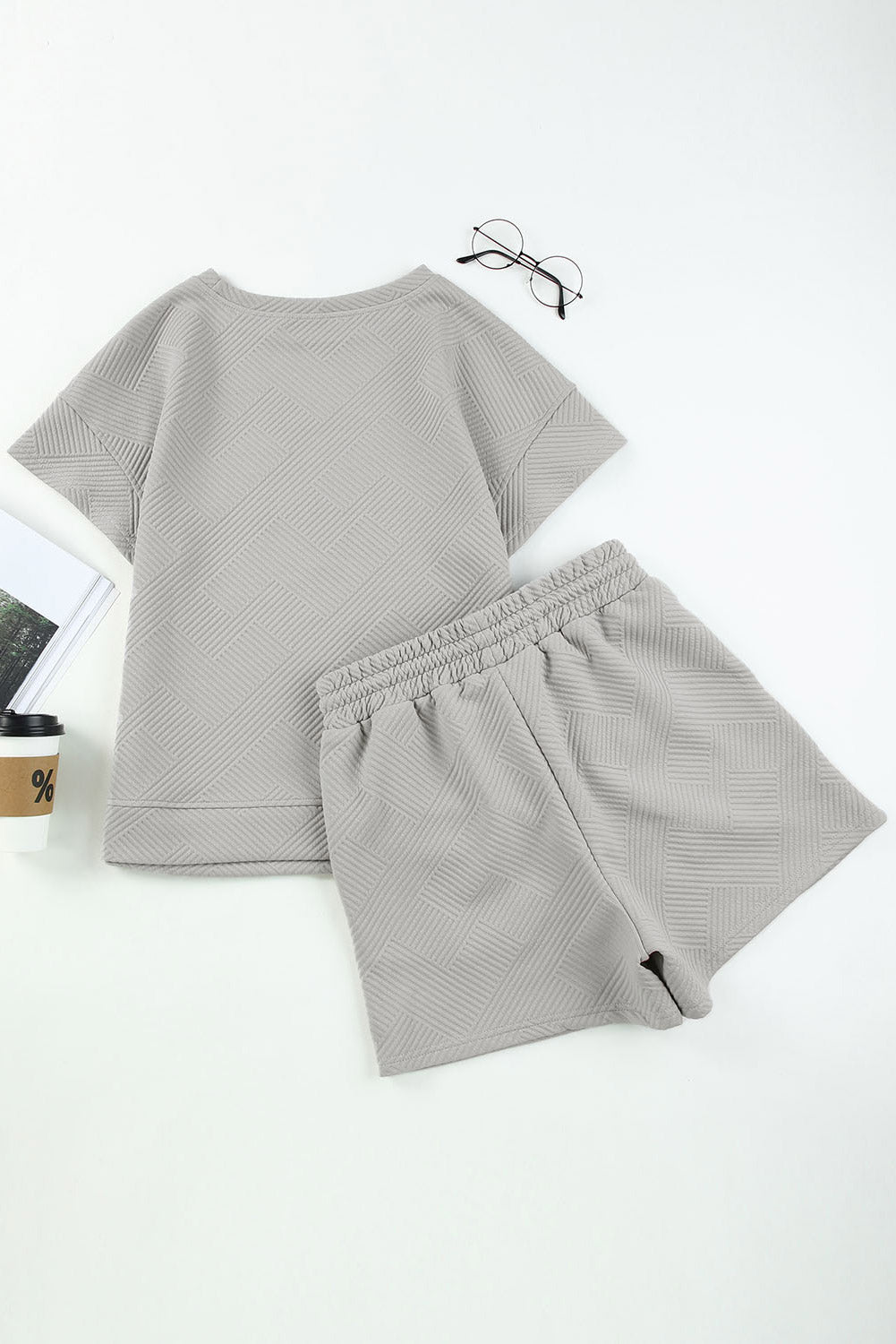 Solid Textured Drawstring Shorts Set