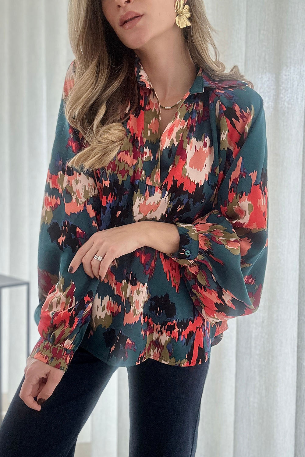 V Neck Puff Sleeve Blouse