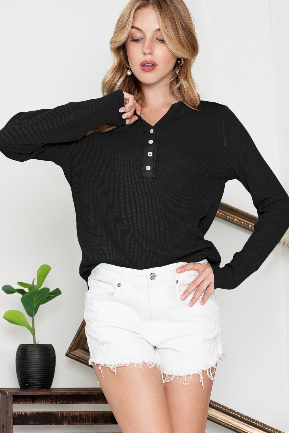 Waffle Knit Long Sleeve Henley Shirt