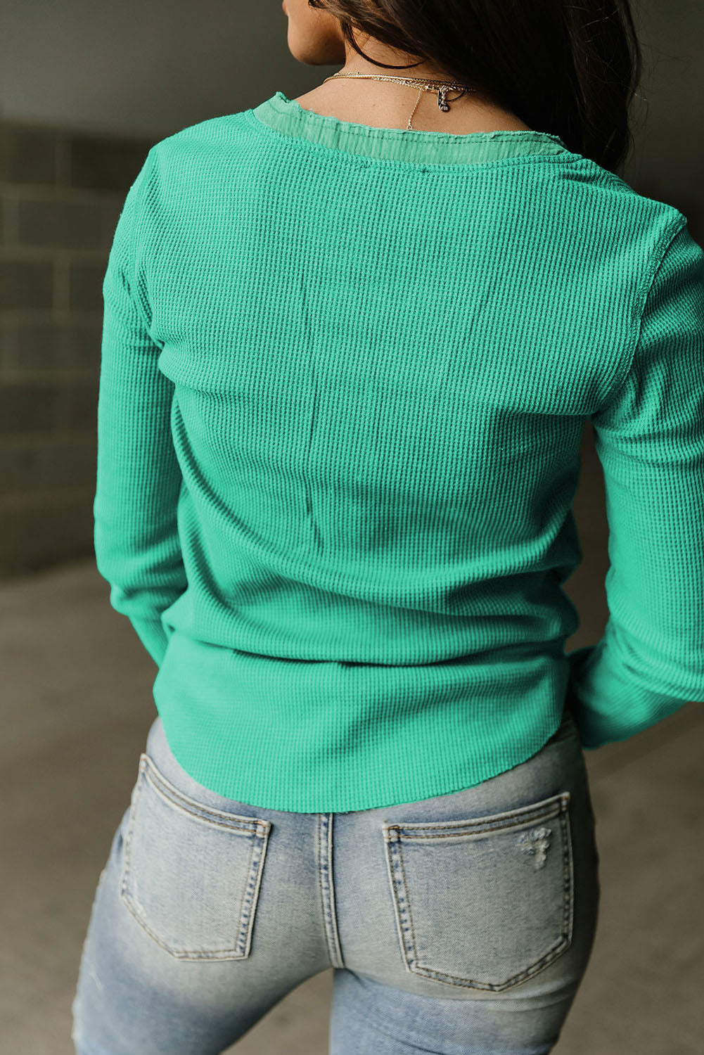 Waffle Knit Long Sleeve Henley Shirt