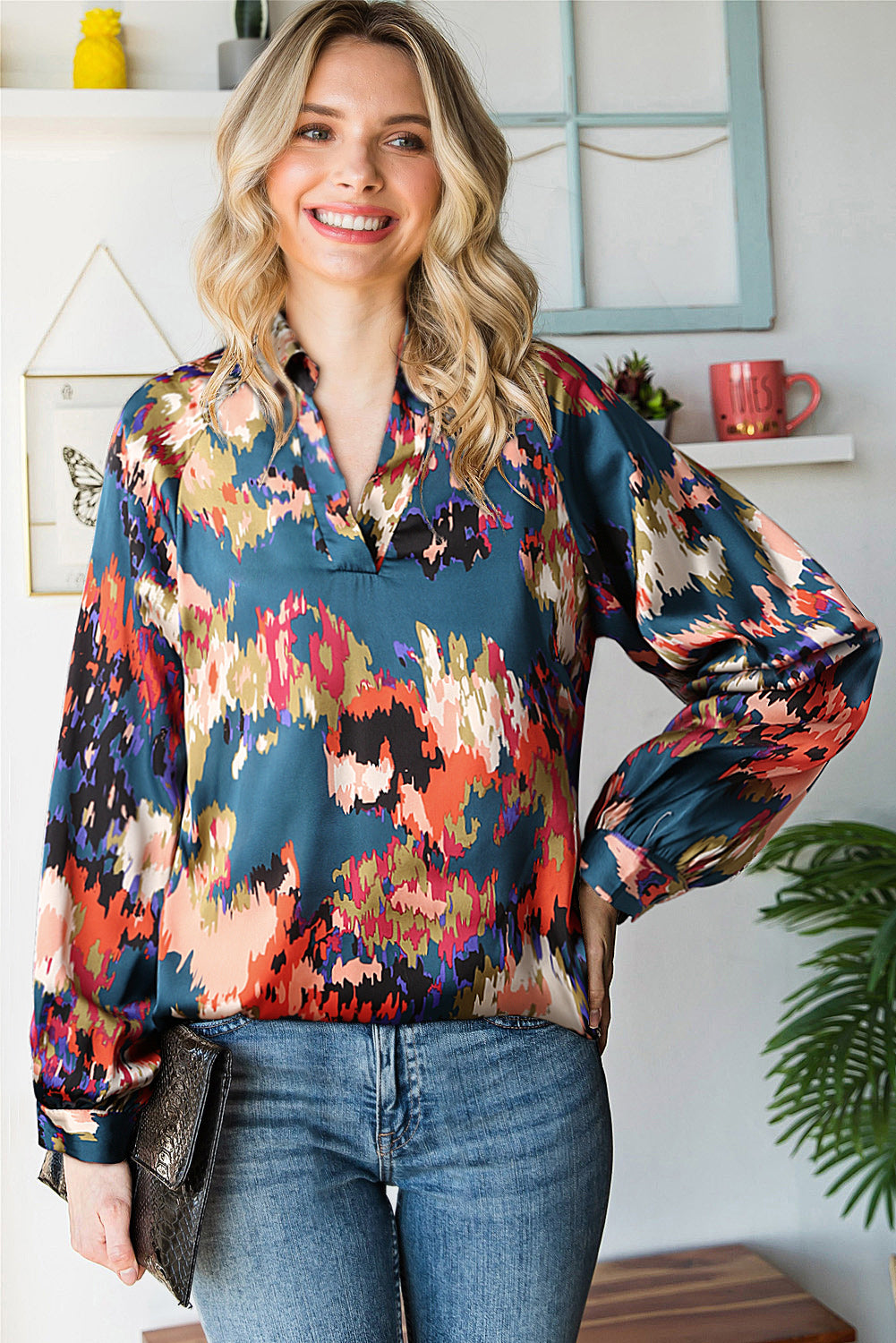 V Neck Puff Sleeve Blouse