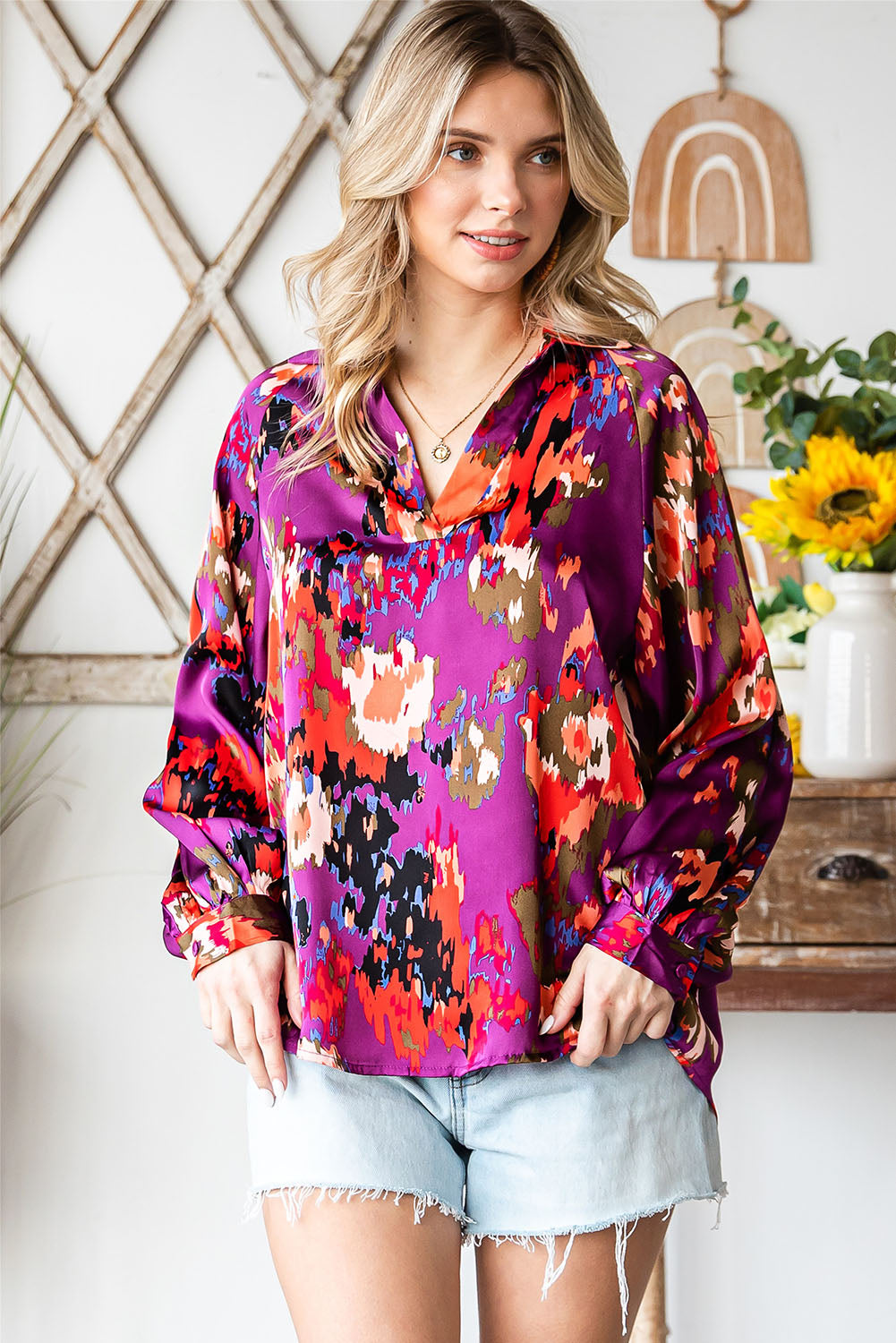 V Neck Puff Sleeve Blouse