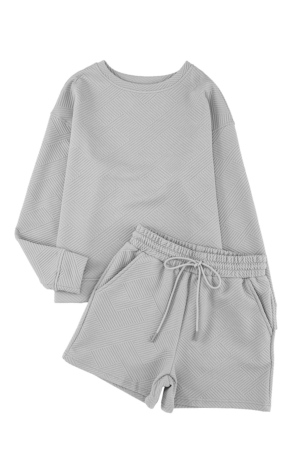 Textured Long Sleeve Top & Drawstring Shorts Set