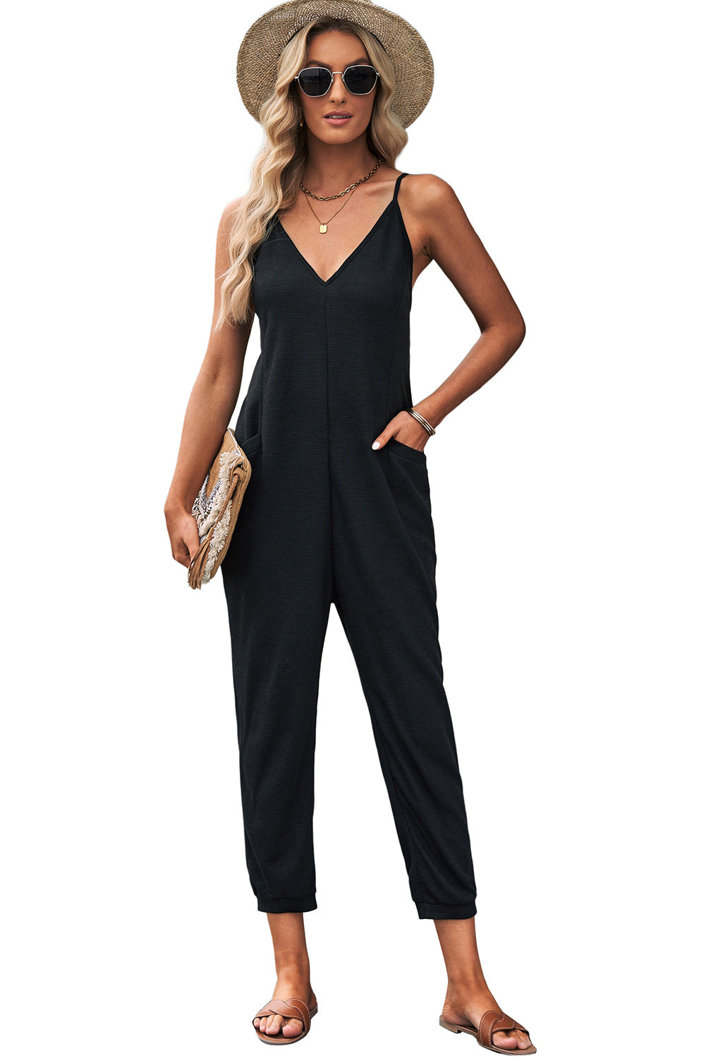 Blue Casual Textured Sleeveless V-Neck Pocketed Jumpsuit