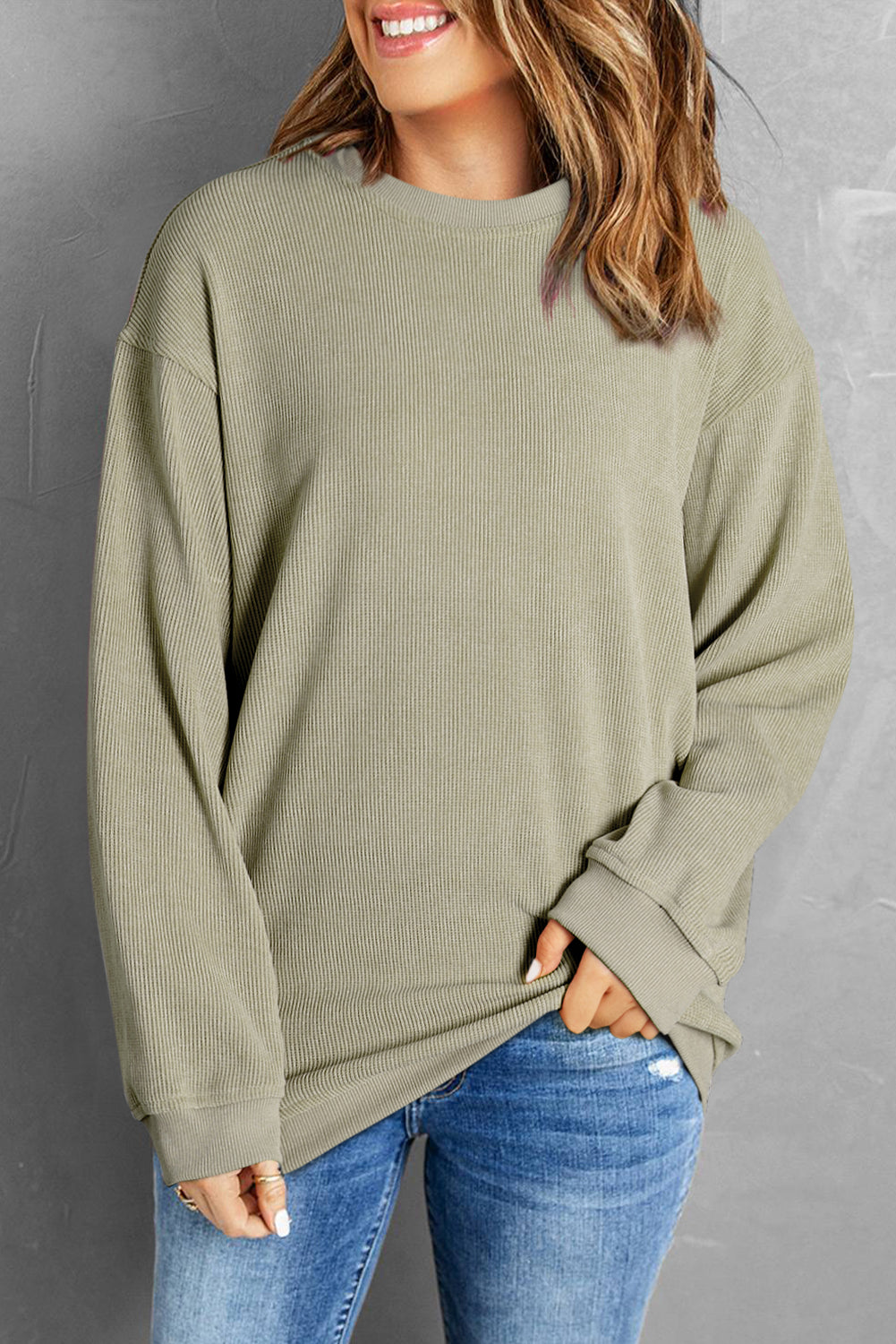 Ribbed Round Neck Pullover Sweatshirt