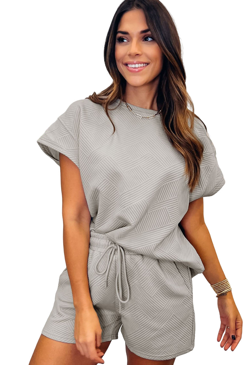 Solid Textured Drawstring Shorts Set