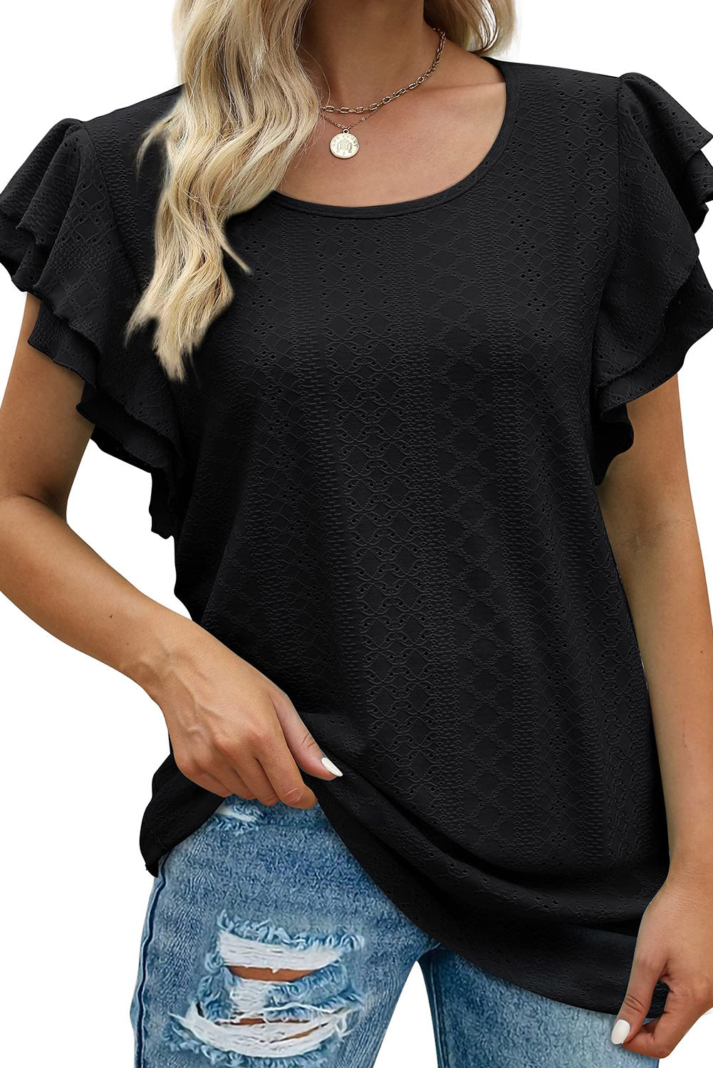 Eyelet Textured Ruffle Short Sleeve Blouse