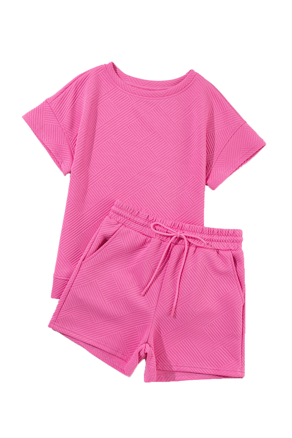 Solid Textured Drawstring Shorts Set