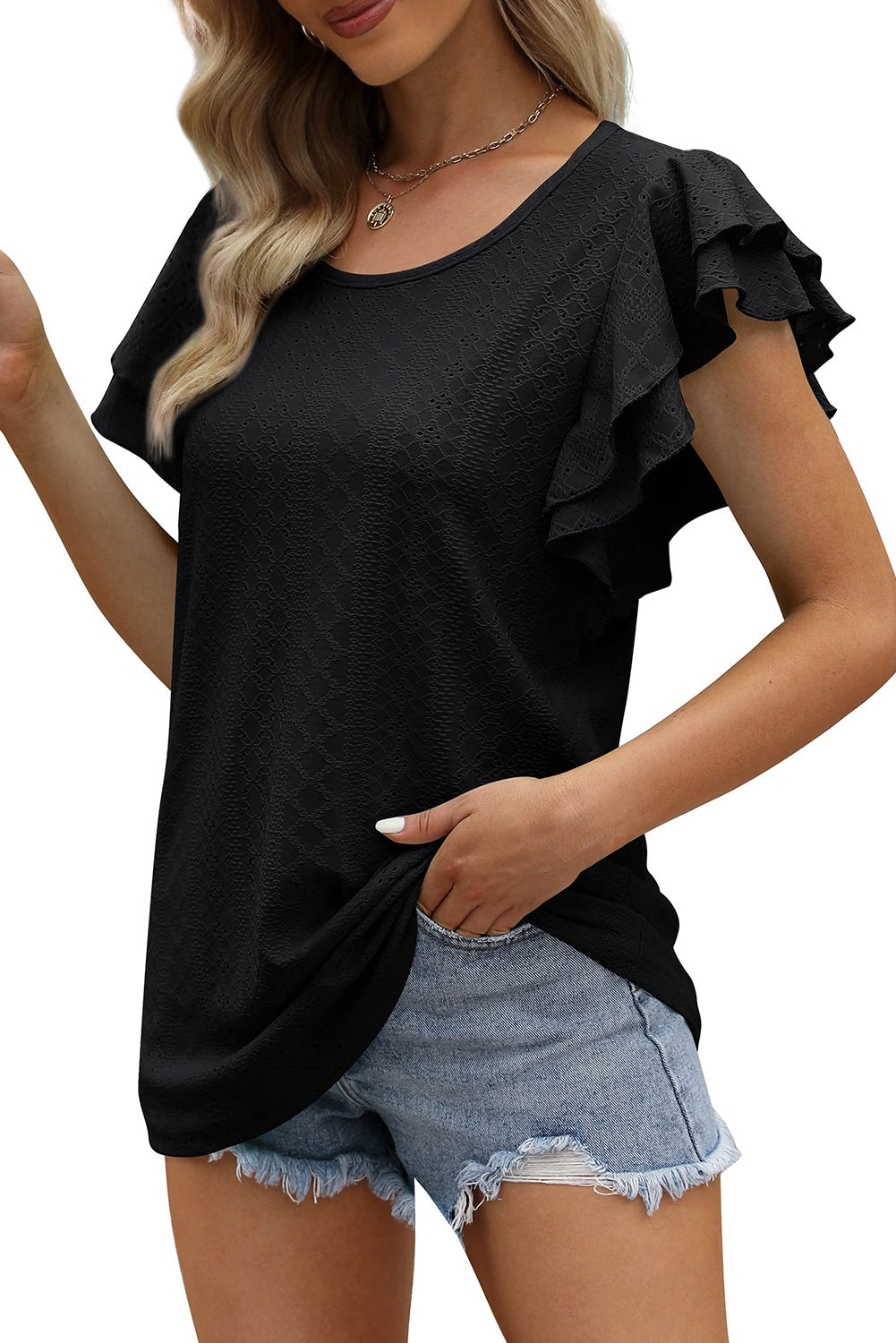 Eyelet Textured Ruffle Short Sleeve Blouse