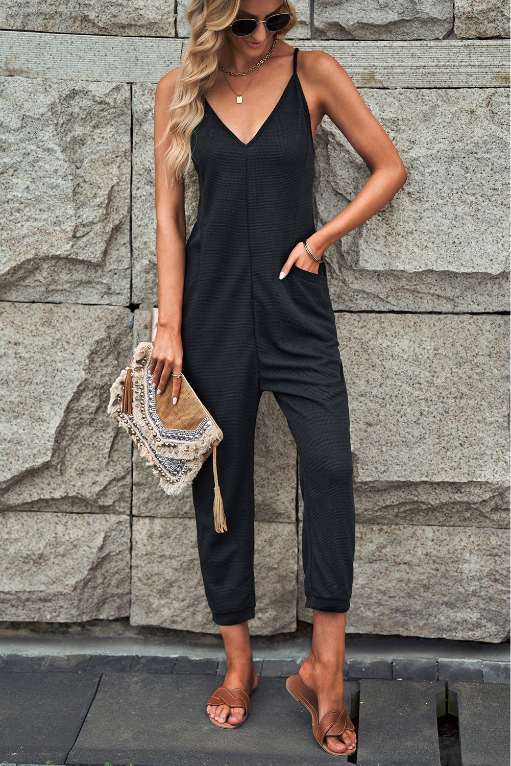 Blue Casual Textured Sleeveless V-Neck Pocketed Jumpsuit