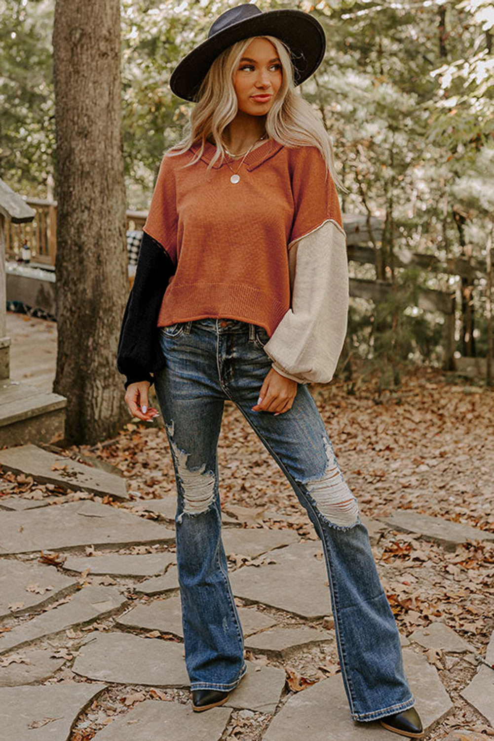 Bubble Sleeve V Neck Sweater