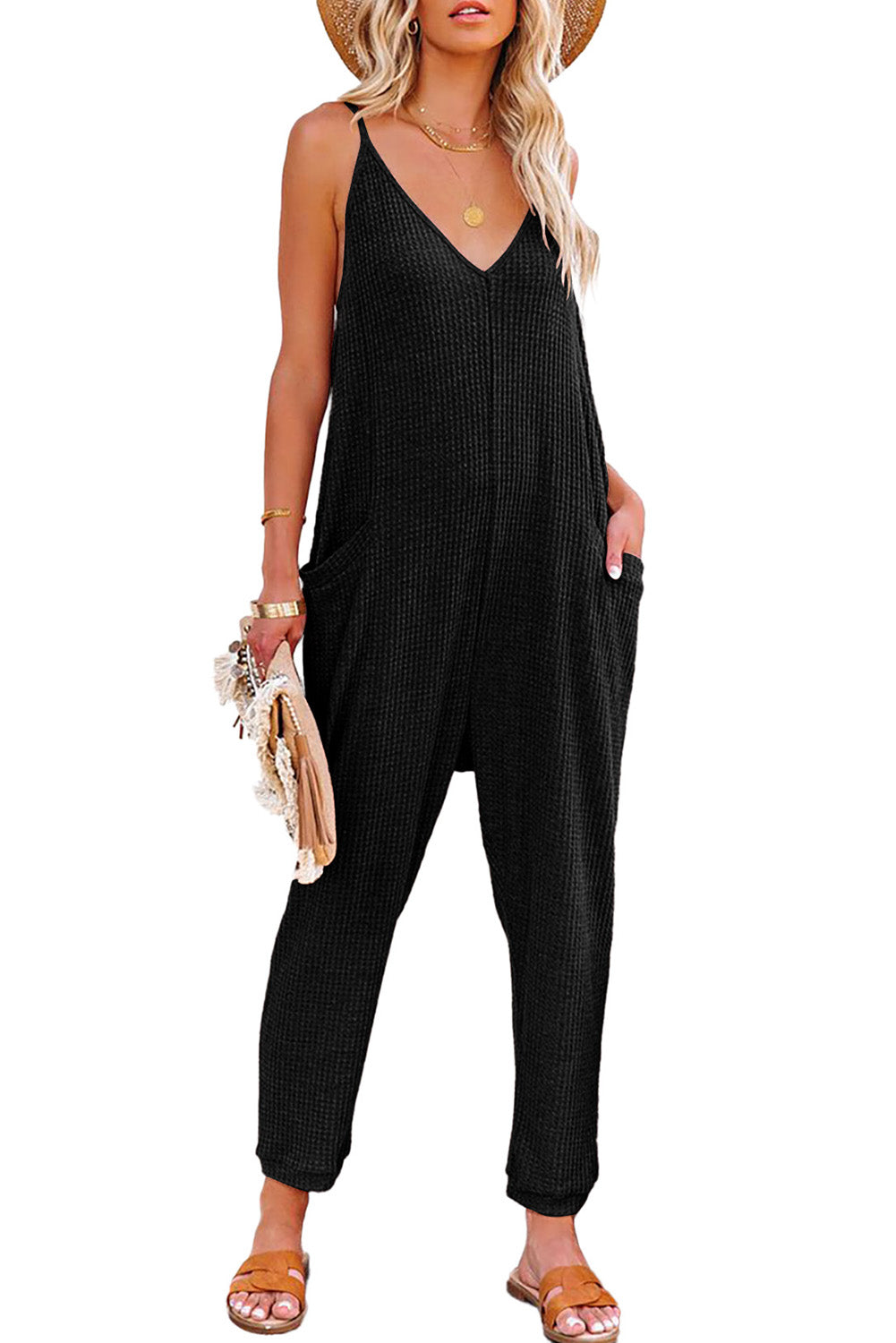 Blue Casual Textured Sleeveless V-Neck Pocketed Jumpsuit