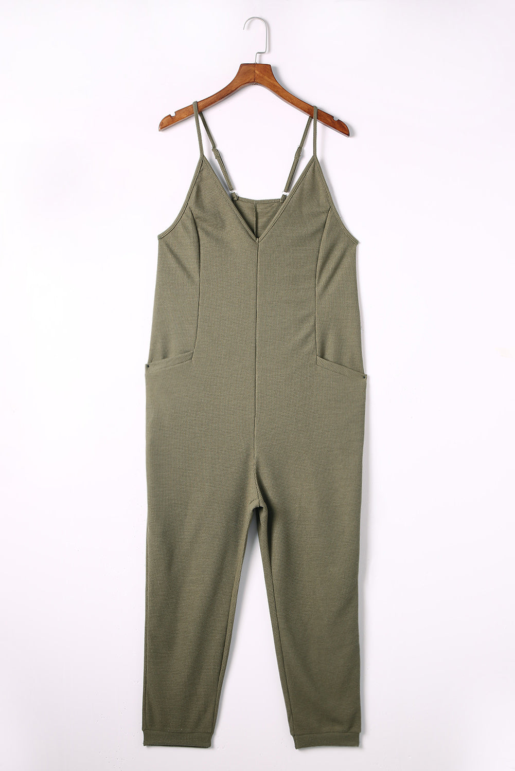 Blue Casual Textured Sleeveless V-Neck Pocketed Jumpsuit