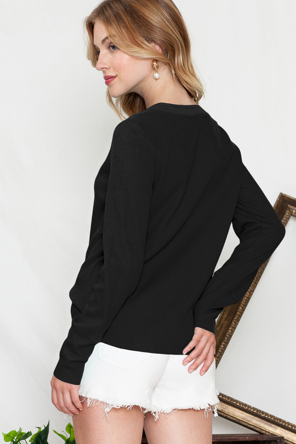 Waffle Knit Long Sleeve Henley Shirt