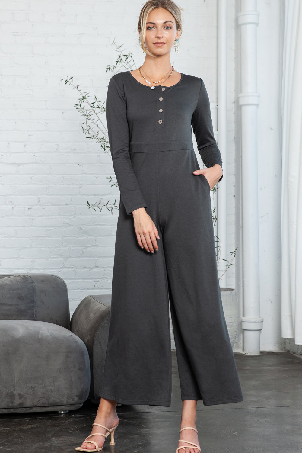 Long Sleeve Wide Leg Jumpsuit with Pockets