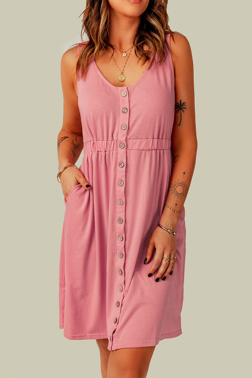 Sleeveless Button Front Short Basics Dress