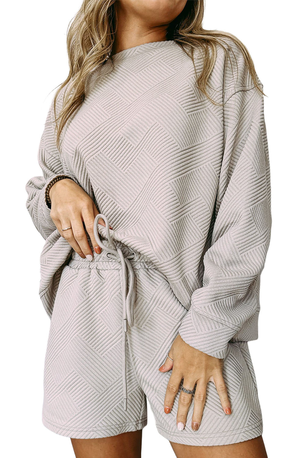 Textured Long Sleeve Top & Drawstring Shorts Set