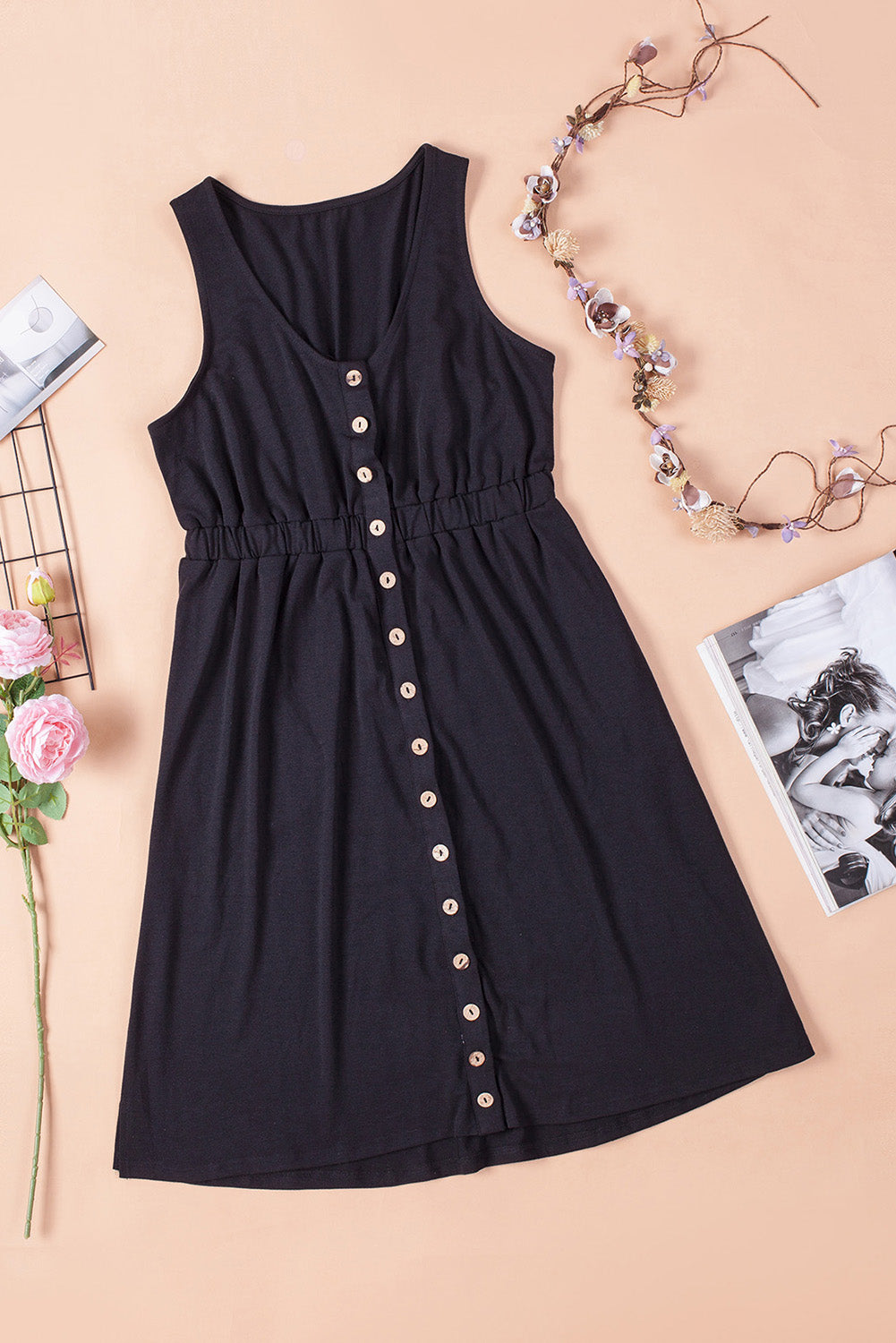 Sleeveless Button Front Short Basics Dress