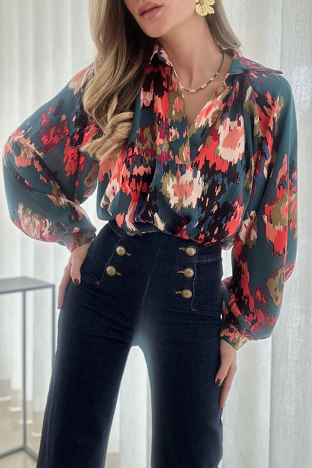 V Neck Puff Sleeve Blouse